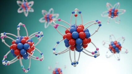 Abstract atomic models with orbiting particles on a teal gradient background. Science and research concept.