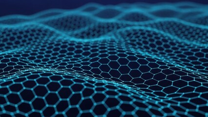 Abstract blue hexagonal wave pattern with small lights on a dark background.