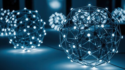Glowing blue network orbs in a dark studio setting with a bokeh background