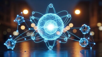 Abstract glowing blue atom model with connected nodes in a city street at night.
