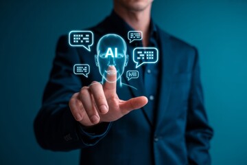 Businessman interacting with A I chatbot interface