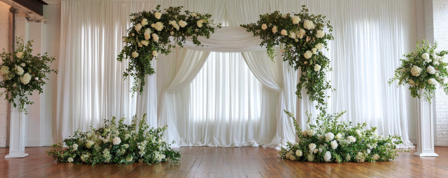 Wedding arch white curtain floral decoration ceremony backdrop green foliage wooden floor indoor venue romantic flower arrangement aisle wedding