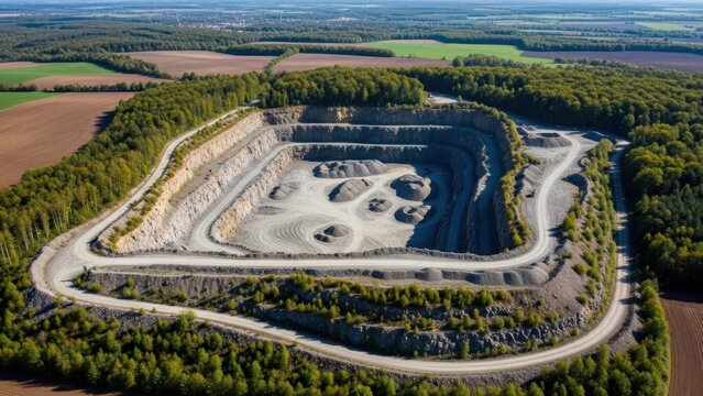An expansive open pit quarry surrounded by vibrant green foliage under daylight.