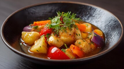 Hearty vegetable stew with potatoes carrots and peppers in a rich sauce garnished with fresh herbs served in a dark bowl