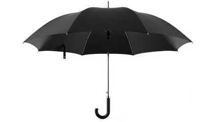 A black umbrella is open and isolated on a white background.