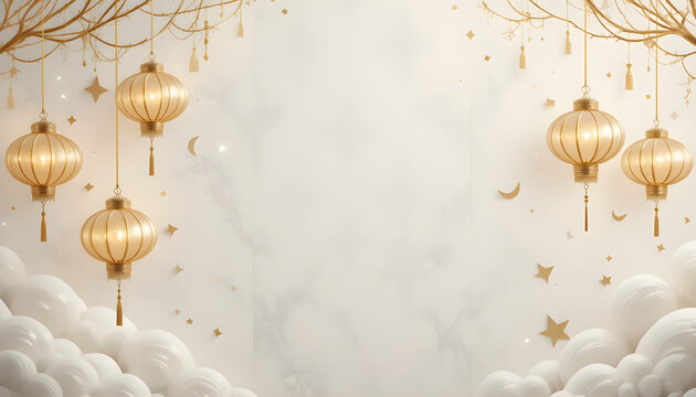 Ornate Gold Islamic Lanterns Hanging Over Soft White Cloud Formations for Ramadan and Eid Mubarak Background , Eid-ul-Fiter, Eid-Ul-Adha ,Ramadan ,moon light, eid milad un Nabi chad night chinese happ