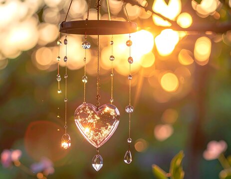 Close-up of heart-shaped suncatcher with crystals, soft-focus background