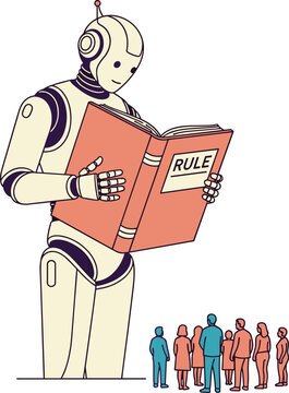 Colossal Robot Reading a Rule Book to a Small Group of People, Concept of Automated Governance, AI Law Enforcement, Algorithmic Social Regulation, and Technological Authority Vector Illustration