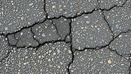 Fototapeta premium Close-animated movie view of a cracked asphalt surface with visible gravel and dark fissures, showing texture and wear.