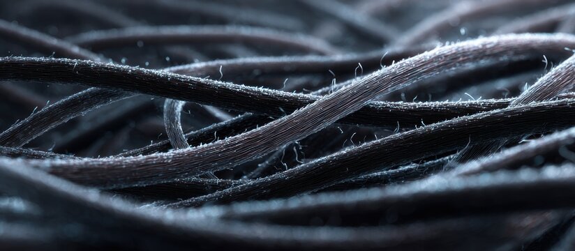 Close-up of a mass of dark, fibrous strands with a delicate, frost-like coating