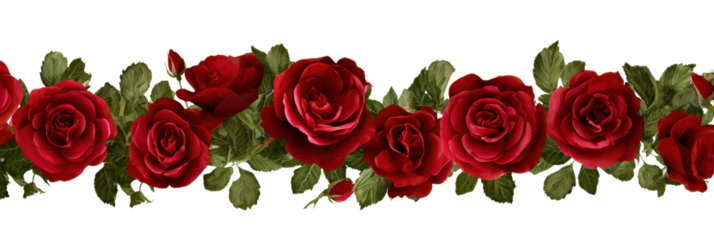 Crimson Rose Border: A captivating display of vibrant red roses blossoms in a row, with verdant green leaves. The perfect image for romance and aesthetic appeal.