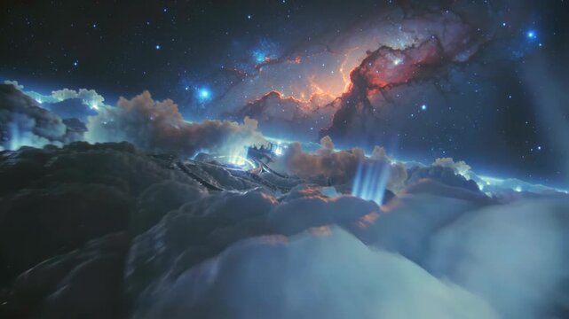 Alien habitat amidst cosmic scenery, Foreign settlement amid luminous cosmic environment, Extraterrestrial outpost situated on rough terrain beneath shining cosmic clouds and mineral extraction