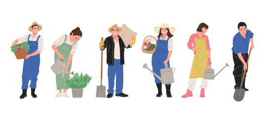 Fototapeta premium Flat vector illustration of people planting, watering plants, harvesting vegetables, carrying tools and baskets. Agriculture, farming, gardening, and organic food concept.