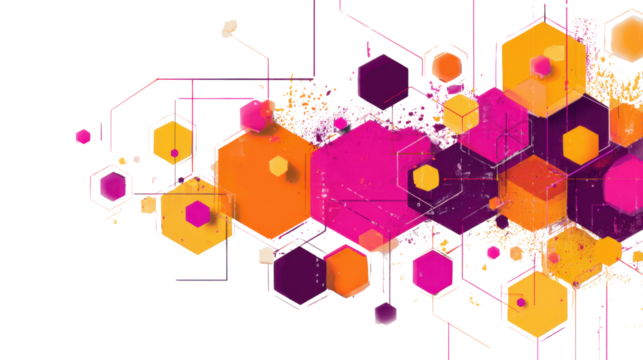 Interconnected Hexagons: A vibrant array of interconnected hexagonal shapes forms a dynamic network, suggesting connections and digital innovation. - Powered by Adobe
