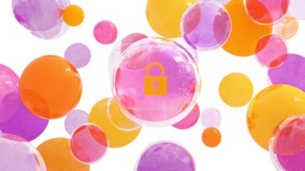 Data Security: Colorful spheres showcase a secure lock symbol, signifying data protection and privacy within a modern digital landscape. 