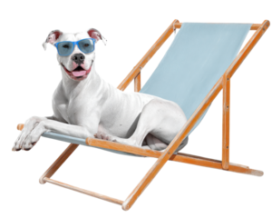 Cool Canine's Summer Escape: A playful canine, sporting stylish sunglasses, lounges on a beach chair, radiating chill vibes and embodying the perfect summer getaway.