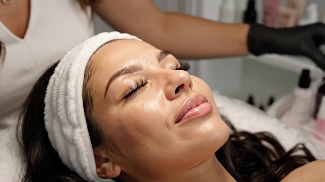 Client receives lash application and facial enhancement from gloved beautician