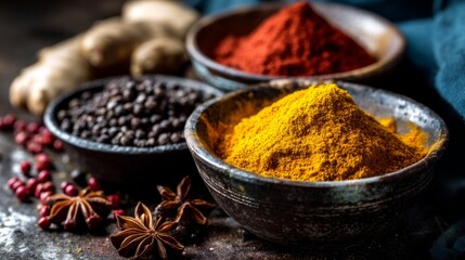 Vibrant Display of Exotic Spices in Rustic Bowls on Dark Surface Highlighting Natural Colors and Unique Textures for Culinary Inspiration and Food Photography