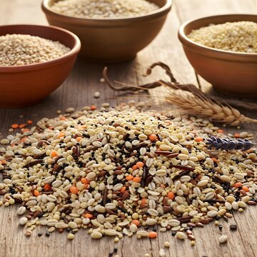 An assortment of raw mixed grains and legumes. An assortment of raw grains and seeds is displayed on a rustic wooden surface, surrounded by three clay bowls filled with additional grains.
