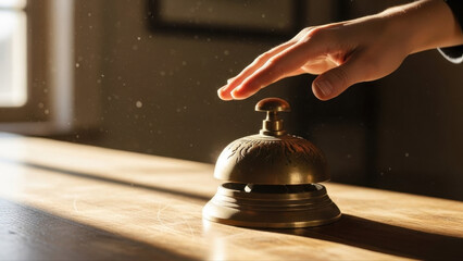Hand poised to ring a vintage service bell on a wooden reception desk, bathed in warm sunlight with dust particles gently floating in the air, ringing