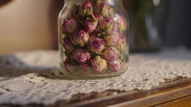 Closed Rose Buds Arranged in Mason Jar Displayed on Lace Doily