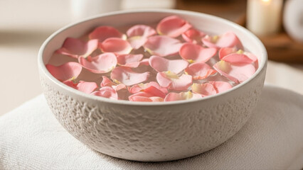 Ceramic bowl filled with delicate pink flower petals resting on a soft towel, creating a serene spa-like atmosphere with subtle candlelight in the background