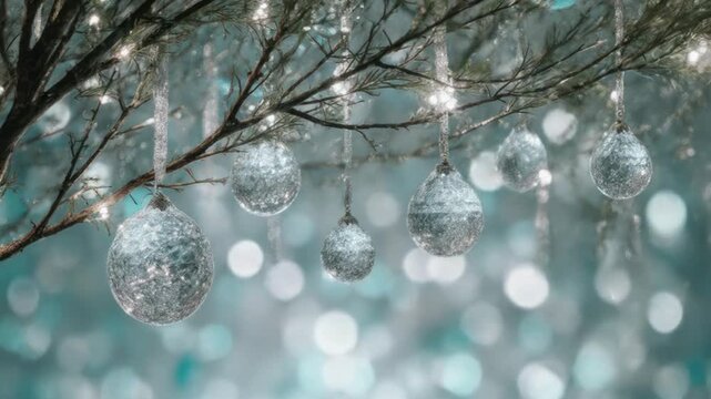 Sparkling Holiday Magic: Silver Baubles and Bokeh Lights Create Festive Atmosphere