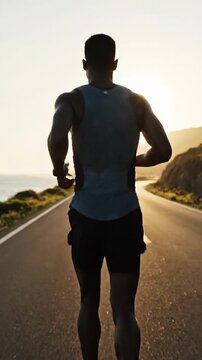 Strong runner on a coastal road, silhouetted against a golden sunset over the ocean