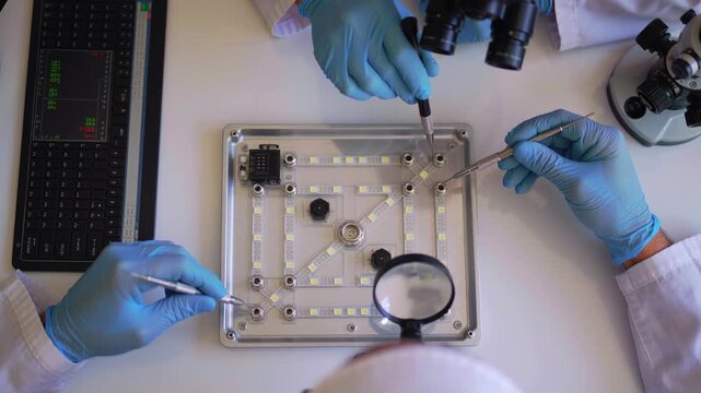 Researchers employ specialized equipment to create accurate microchips, Laboratory personnel carefully examine and assemble diagnostic microfluidic elements with precision and sterile techniques
