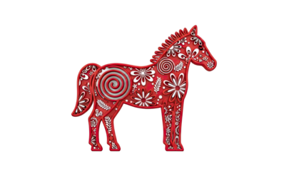 Red Horse Sculpture with Floral and Swirl Patterns