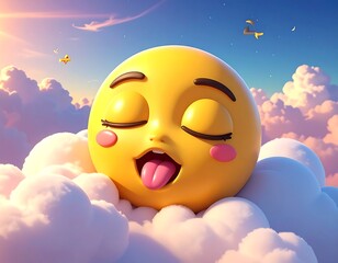 Stylized yellow emoji with eyes closed and tongue out, floating in fluffy clouds, against a pastel sky