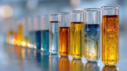 A chromatography column demonstrating separation of colorful liquids.