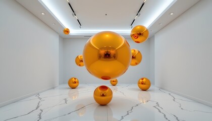 Futuristic Gallery with Golden Metallic Spheres