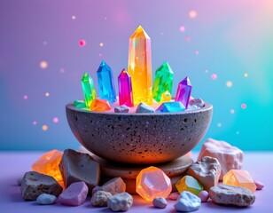 Floating Crystal Bowl with Glowing Gemstones Mystical Setting