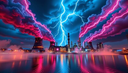Futuristic City Night with Vibrant Lightning Reflections