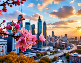 Dawn Skyline with Cherry Blossoms and Reflective Skyscrapers