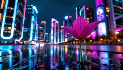 Pink Blossom Among Neon City Skyscrapers