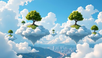 Floating Cloud Islands with Lush Trees Under Bright Sky