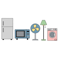 Household Appliances - Refrigerator, Microwave, Fan, Lamp, and Washing Machine.