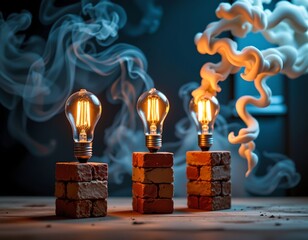 Futuristic Vintage Light Bulbs with Smoke and Sparks