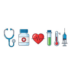 Medical Icons - Stethoscope, Pills, Heart, Test Tube, Thermometer, Syringe.