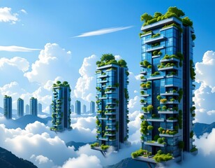 Futuristic Cityscape with Floating Gardens and Cloud Sky