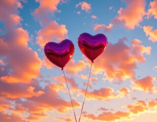 Floating Pink Heart Balloons Against Sunset