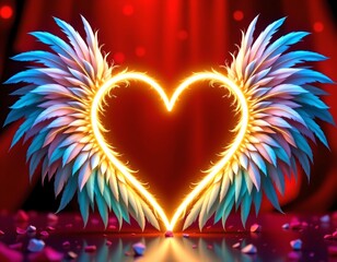 Glowing Neon Heart with Iridescent Feathers and Luxurious Lighting