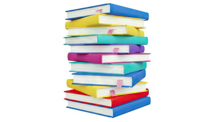 Tall Stack of Colorful Books with Pink Bookmarks