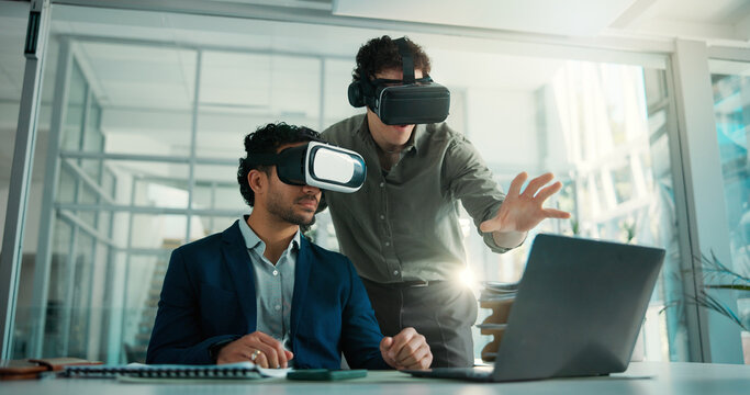 Business, people and laptop with vr headset in office for training, simulation and developer. Men, demonstration and virtual reality tech for interactive design, app development and user experience