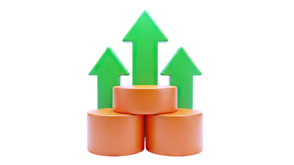 Three Green Upward Arrows Emerging from Orange Cylinders