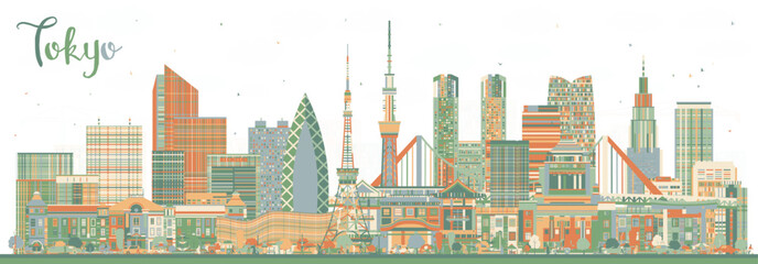 Tokyo Japan city skyline with color buildings. Tokyo cityscape with landmarks. Business travel and tourism concept with modern and historic architecture.