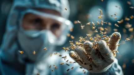 A scientist in protective gear releases sterile insects in a controlled environment.