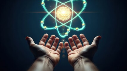 Two open hands reaching up towards a bright, glowing atomic model with orbiting particles against a dark background.
